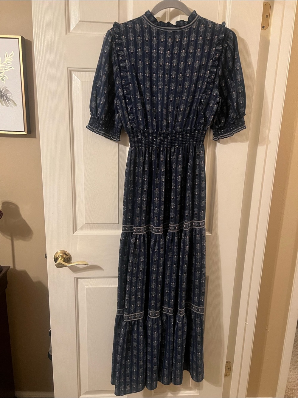 Like New Max Studio Cottagore Navy Blue Patterned Maxi Dress Size Small - Picture 12 of 16